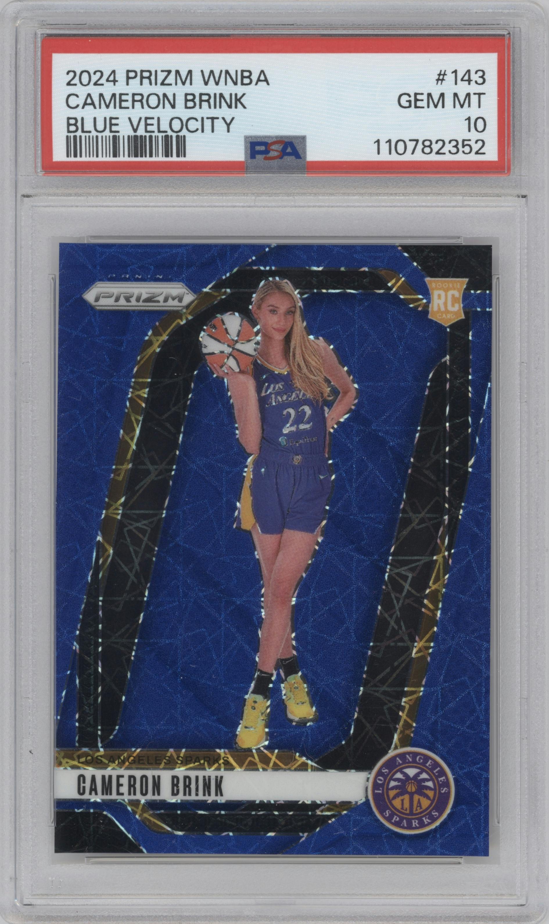 Cameron Brink from the 2024 Panini Prizm WNBA set featuring a Blue Velocity parallel graded by PSA and given an overall grade of 10.