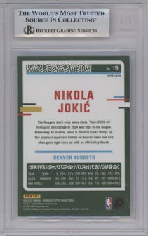 Nikola Jokic from the 2023-24 Donruss Optic set featuring a Fast Break Holo parallel graded by Beckett and given an overall grade of 9.