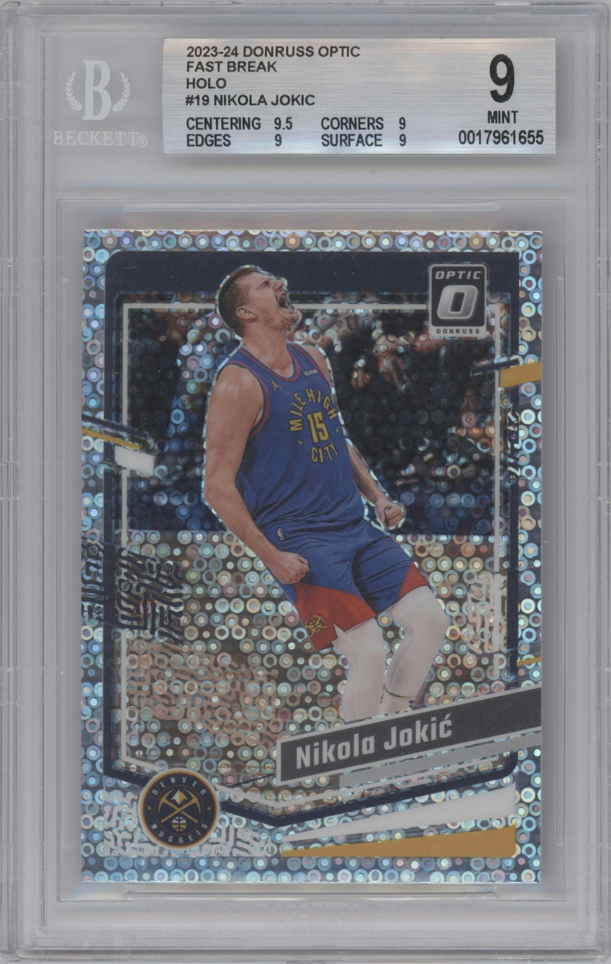 Nikola Jokic from the 2023-24 Donruss Optic set featuring a Fast Break Holo parallel graded by Beckett and given an overall grade of 9.
