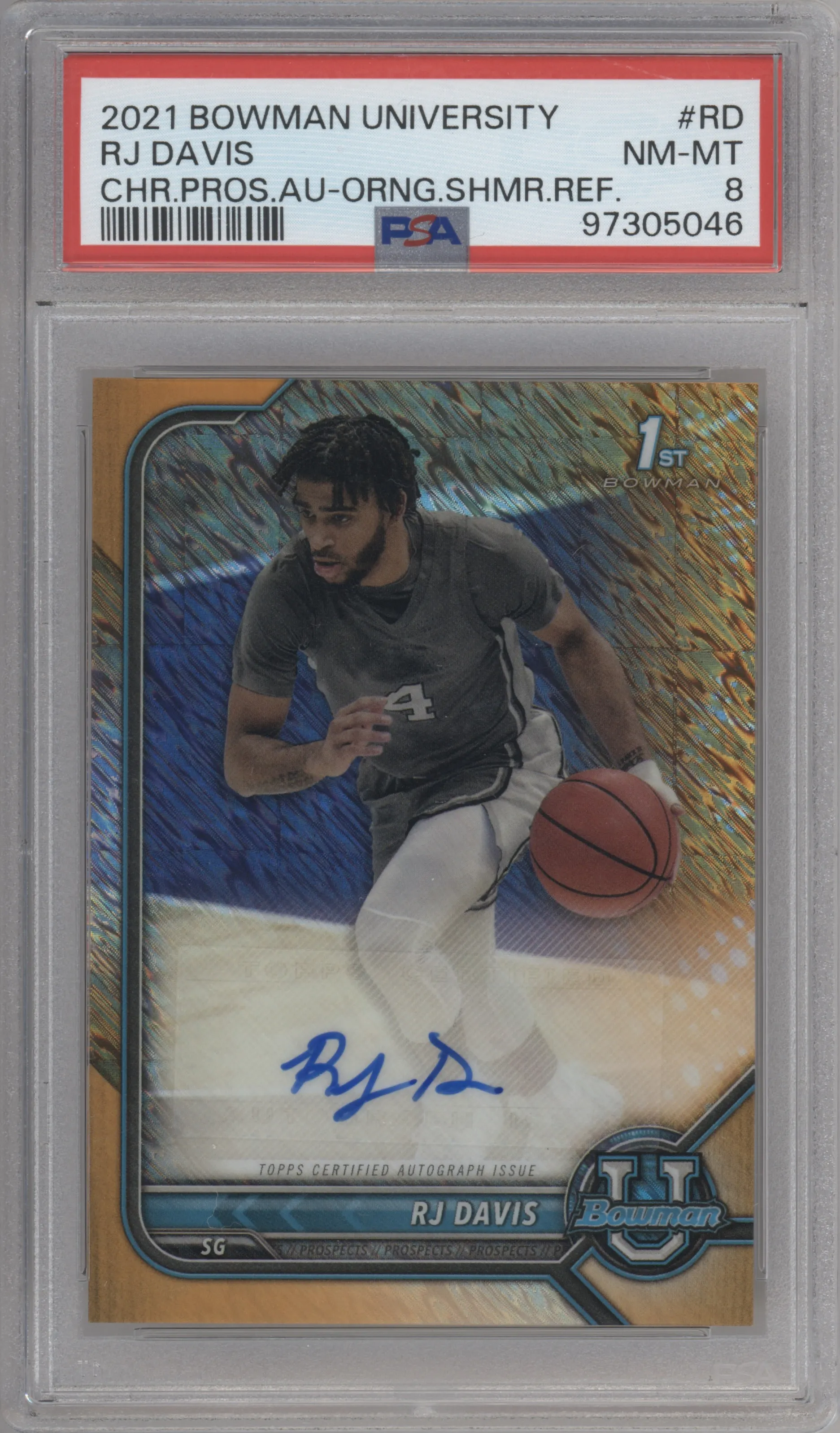 2021 Bowman University Chr.Pros.Auto RJ Davis Orange Shimmer Refractor PSA 8