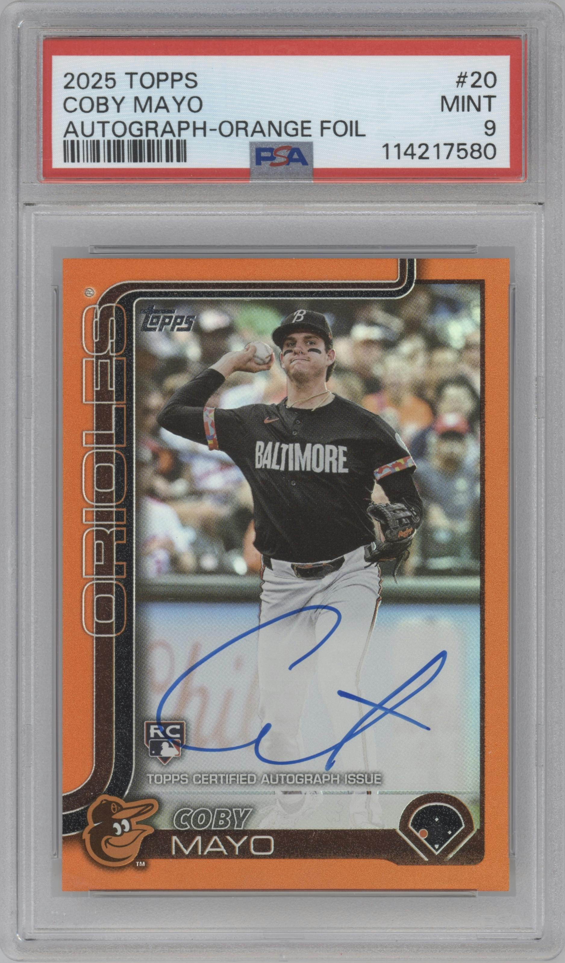 Coby Mayo from the 2025 Topps set featuring a Orange Foil parallel graded by PSA and given an overall grade of 9.