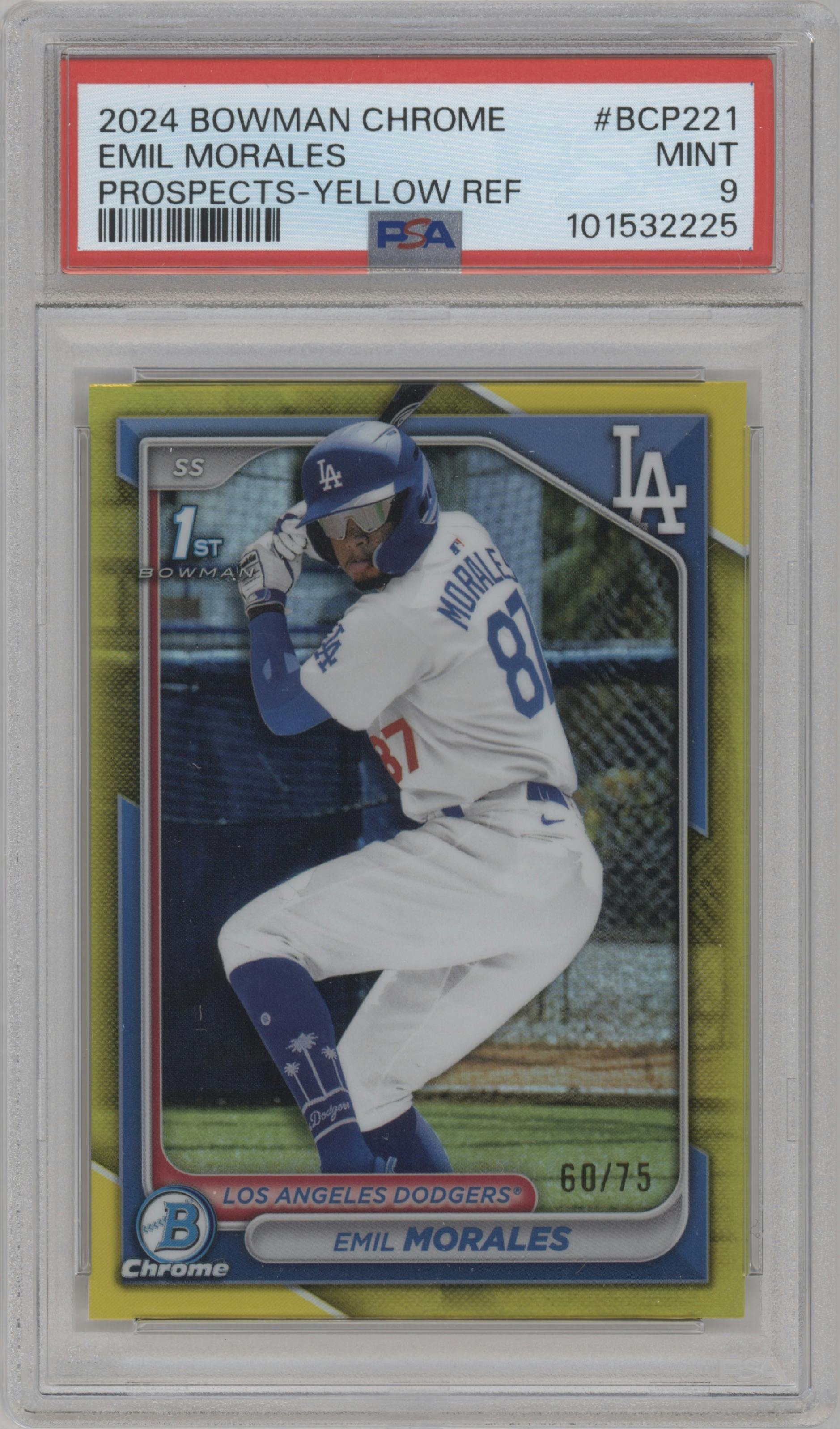 Emil Morales from the 2024 Bowman Chrome set featuring a Yellow Refractor parallel graded by PSA and given an overall grade of 9.