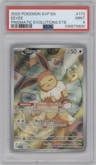 Eevee from the 2025 Pokemon SV set featuring a Prismatic Evolutions Elite Trainer Box parallel graded by PSA and given an overall grade of 9.