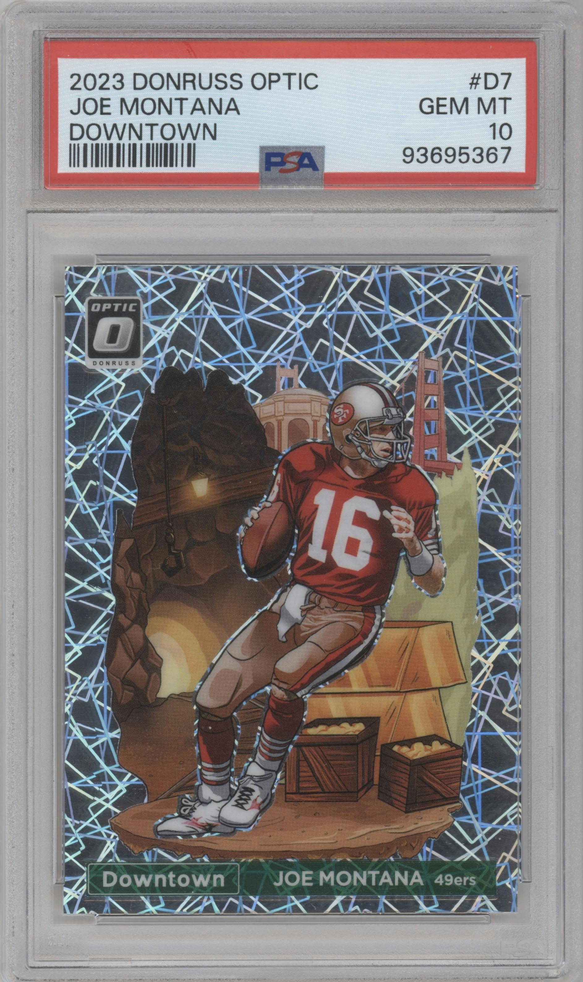 Joe Montana from the 2023 Donruss Optic set graded by PSA and given an overall grade of 10.