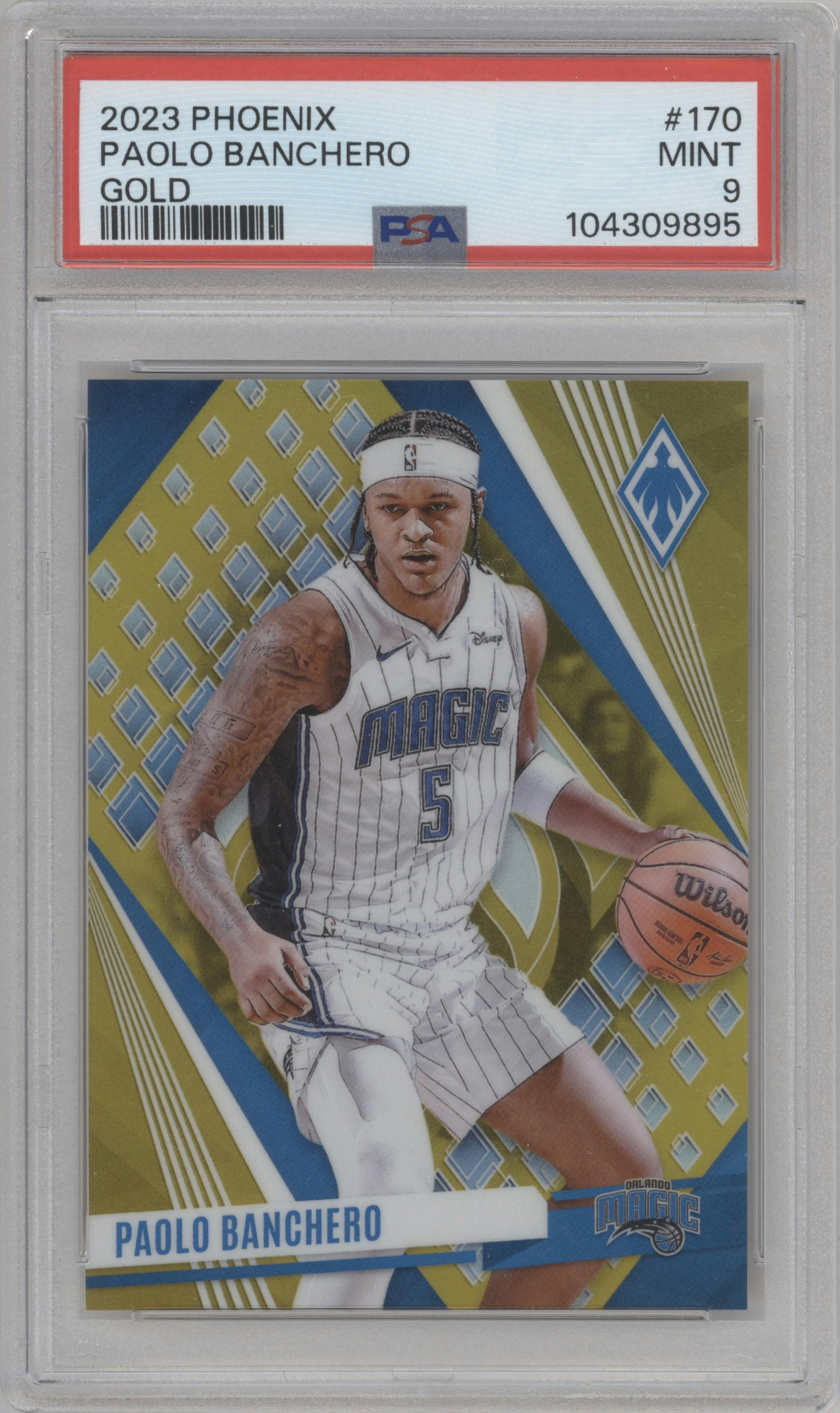 Paolo Banchero from the 2023-24 Panini Phoenix set featuring a Gold parallel graded by PSA and given an overall grade of 9.