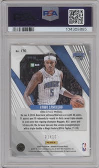 Paolo Banchero from the 2023-24 Panini Phoenix set featuring a Gold parallel graded by PSA and given an overall grade of 9.