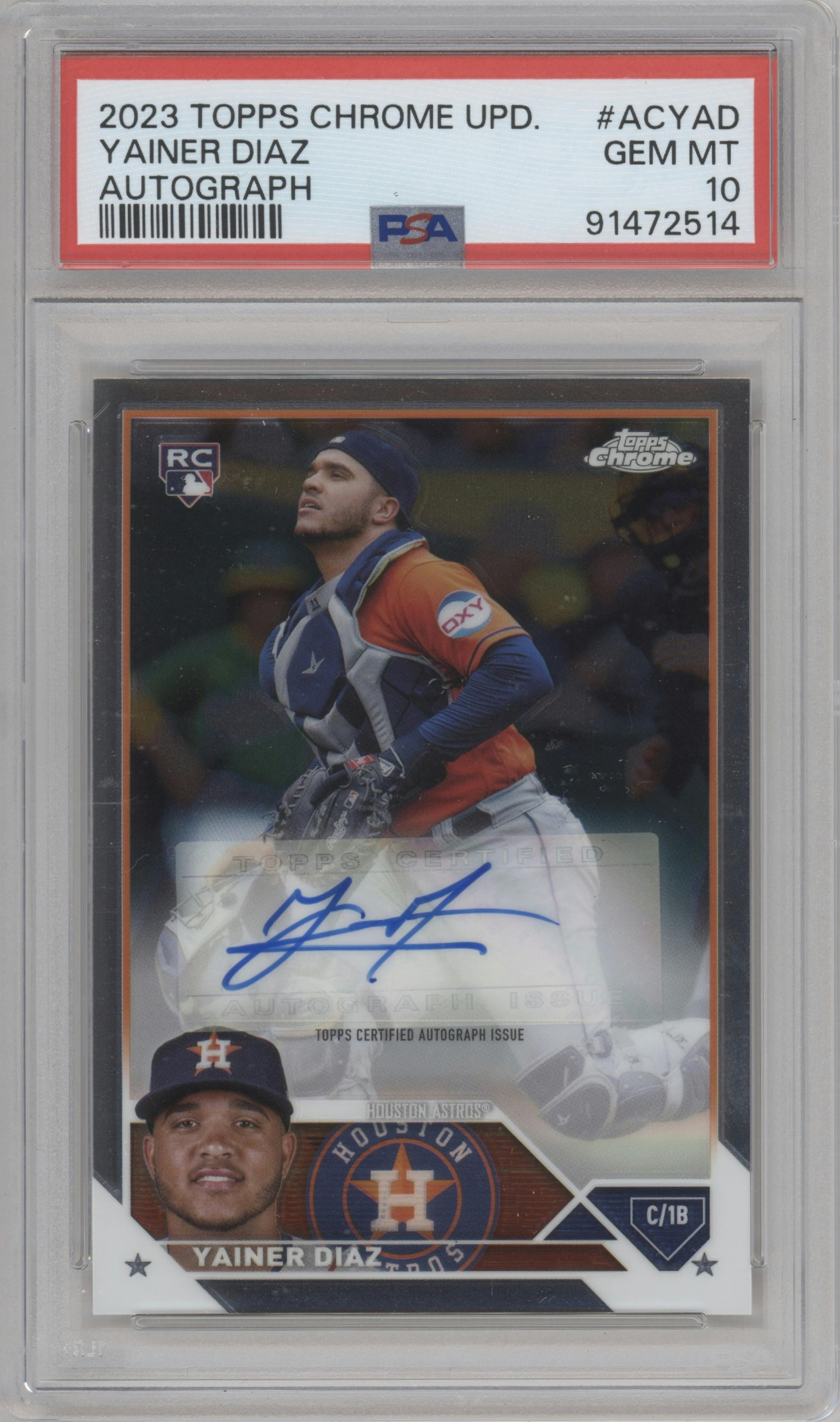Yainer Diaz from the 2023 Topps Chrome Update set graded by PSA and given an overall grade of 10.