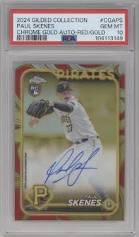 Paul Skenes from the 2024 Topps Gilded Collection set featuring a Red/Gold parallel graded by PSA and given an overall grade of 10.
