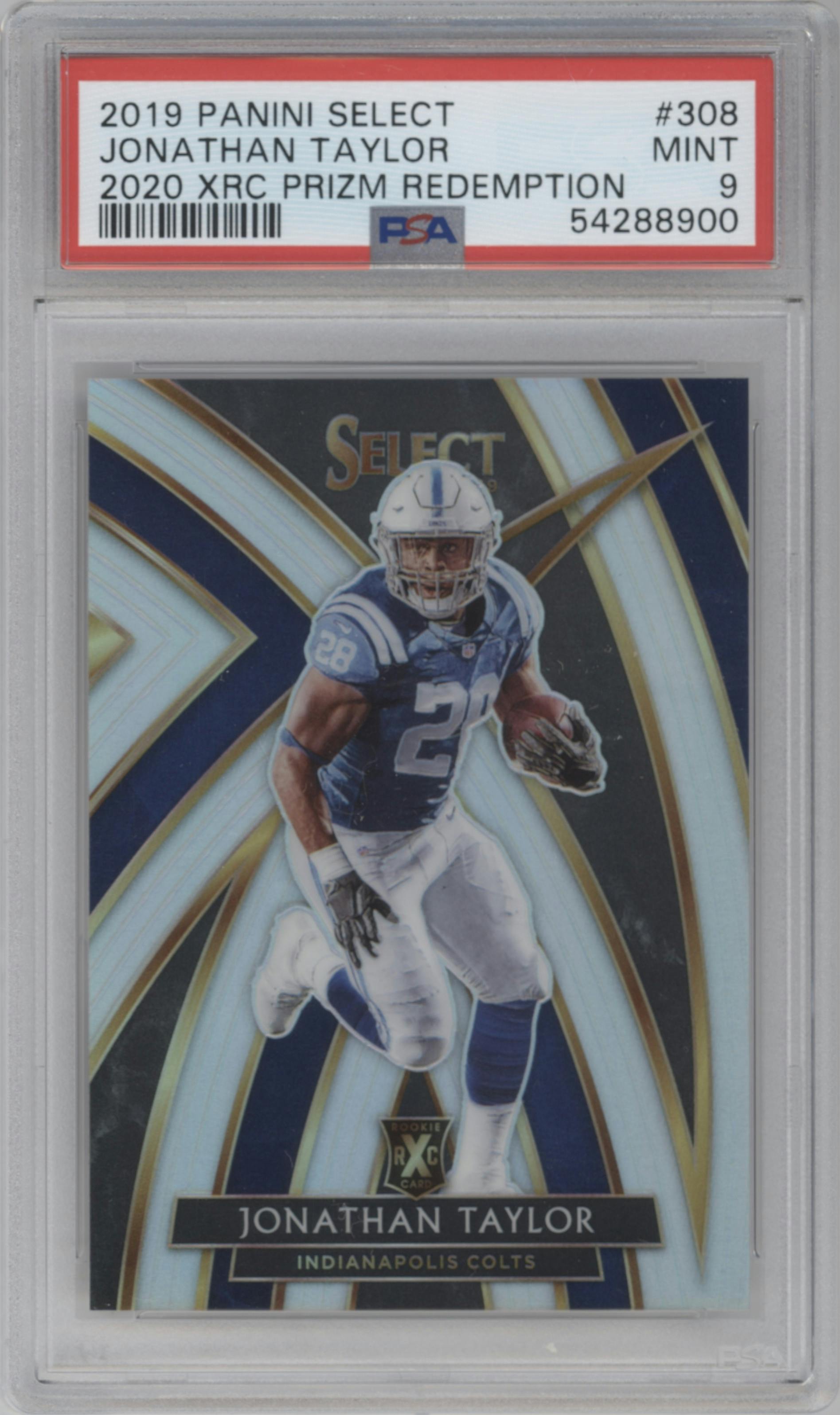 Jonathan Taylor from the 2019 Panini Select  set graded by PSA and given an overall grade of 9.