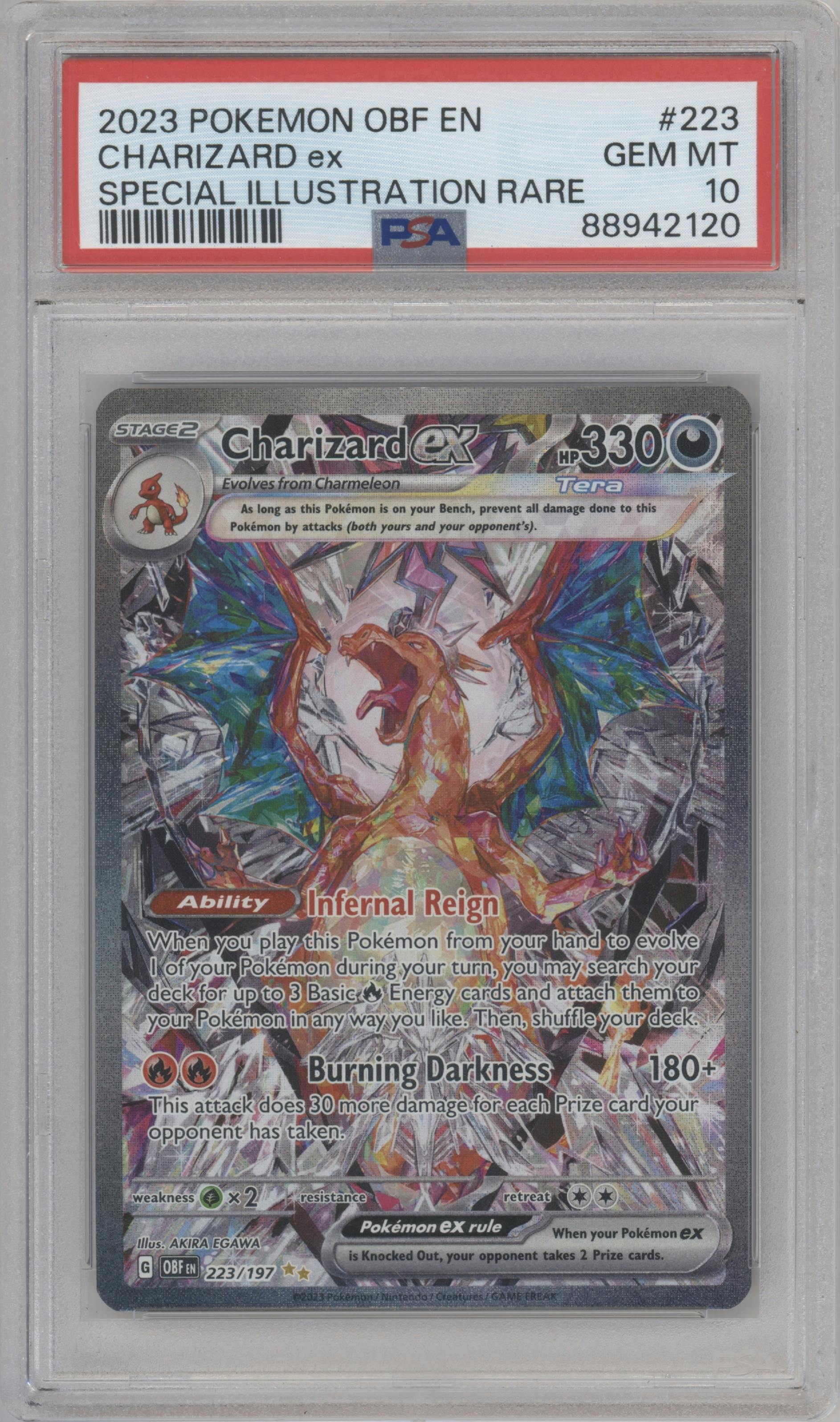 Charizard ex from the 2023 Pokemon SV set graded by PSA and given an overall grade of 10.