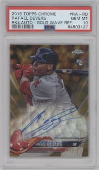 Rafael Devers from the 2018 Topps Chrome set featuring a Gold Wave Refractor parallel graded by PSA and given an overall grade of 10.