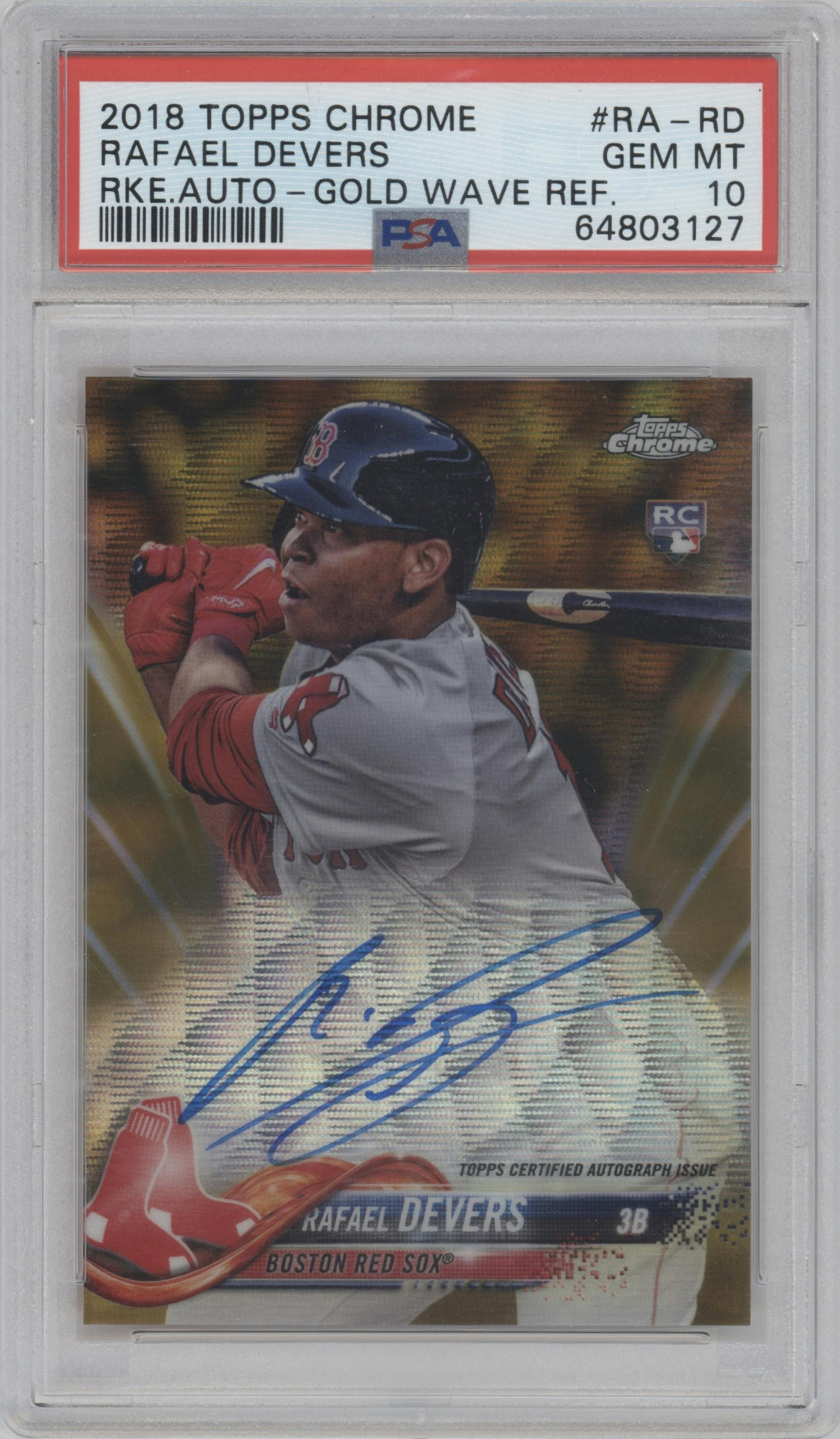 Rafael Devers from the 2018 Topps Chrome set featuring a Gold Wave Refractor parallel graded by PSA and given an overall grade of 10.