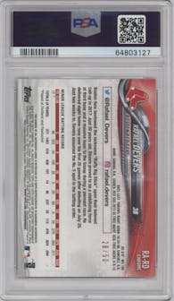 Rafael Devers from the 2018 Topps Chrome set featuring a Gold Wave Refractor parallel graded by PSA and given an overall grade of 10.