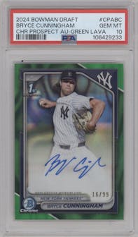 Bryce Cunningham  from the 2024 Bowman Draft set featuring a Green Lava Refractor parallel graded by PSA and given an overall grade of 10.