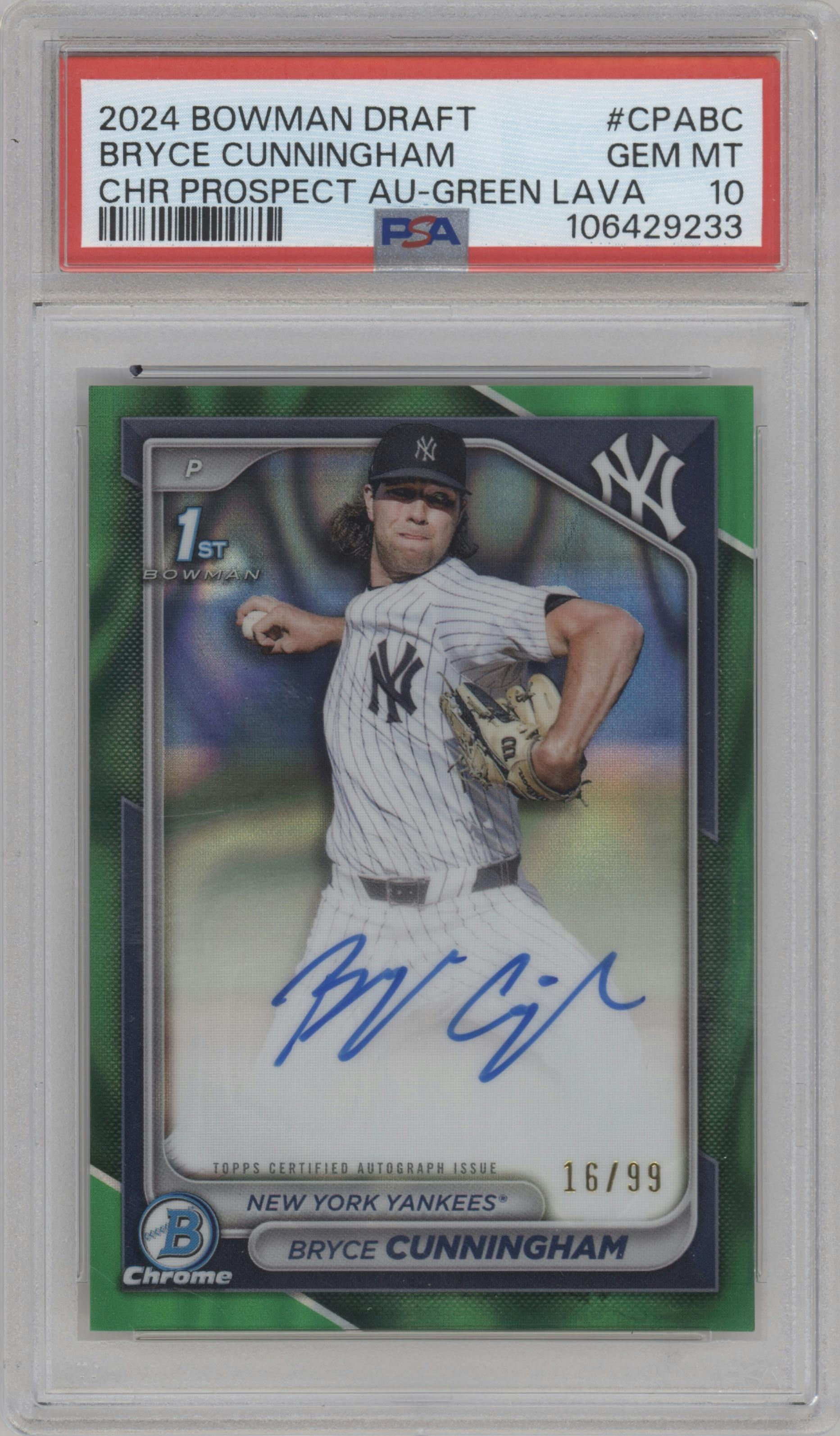 Bryce Cunningham  from the 2024 Bowman Draft set featuring a Green Lava Refractor parallel graded by PSA and given an overall grade of 10.