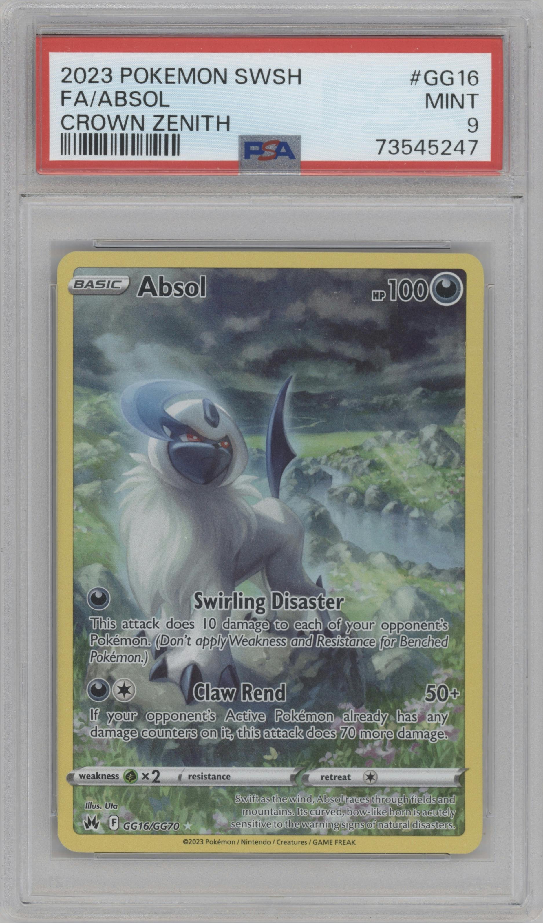Absol from the 2023 Pokemon SWSH set graded by PSA and given an overall grade of 9.