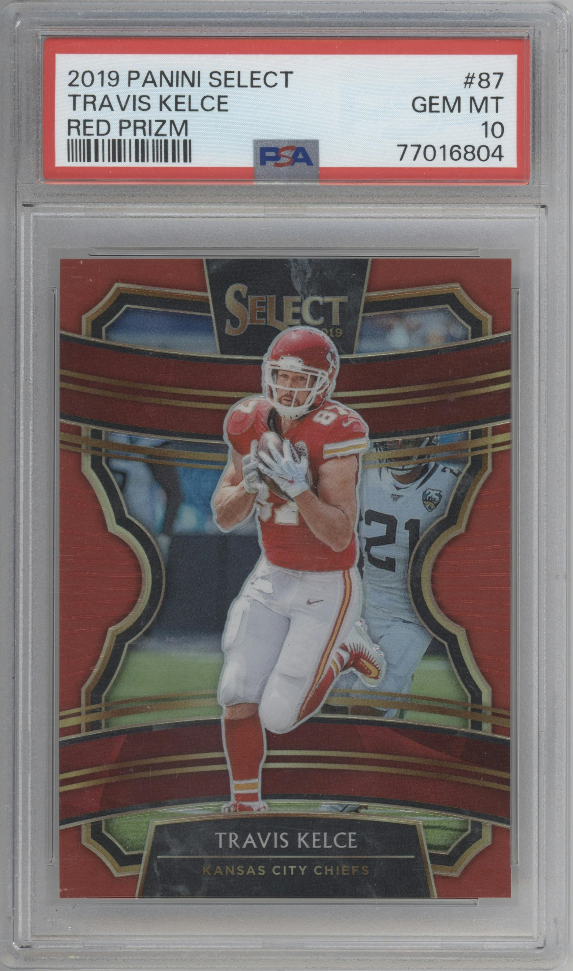 Travis Kelce from the 2019 Panini Select  set featuring a Red Prizm parallel graded by PSA and given an overall grade of 10.