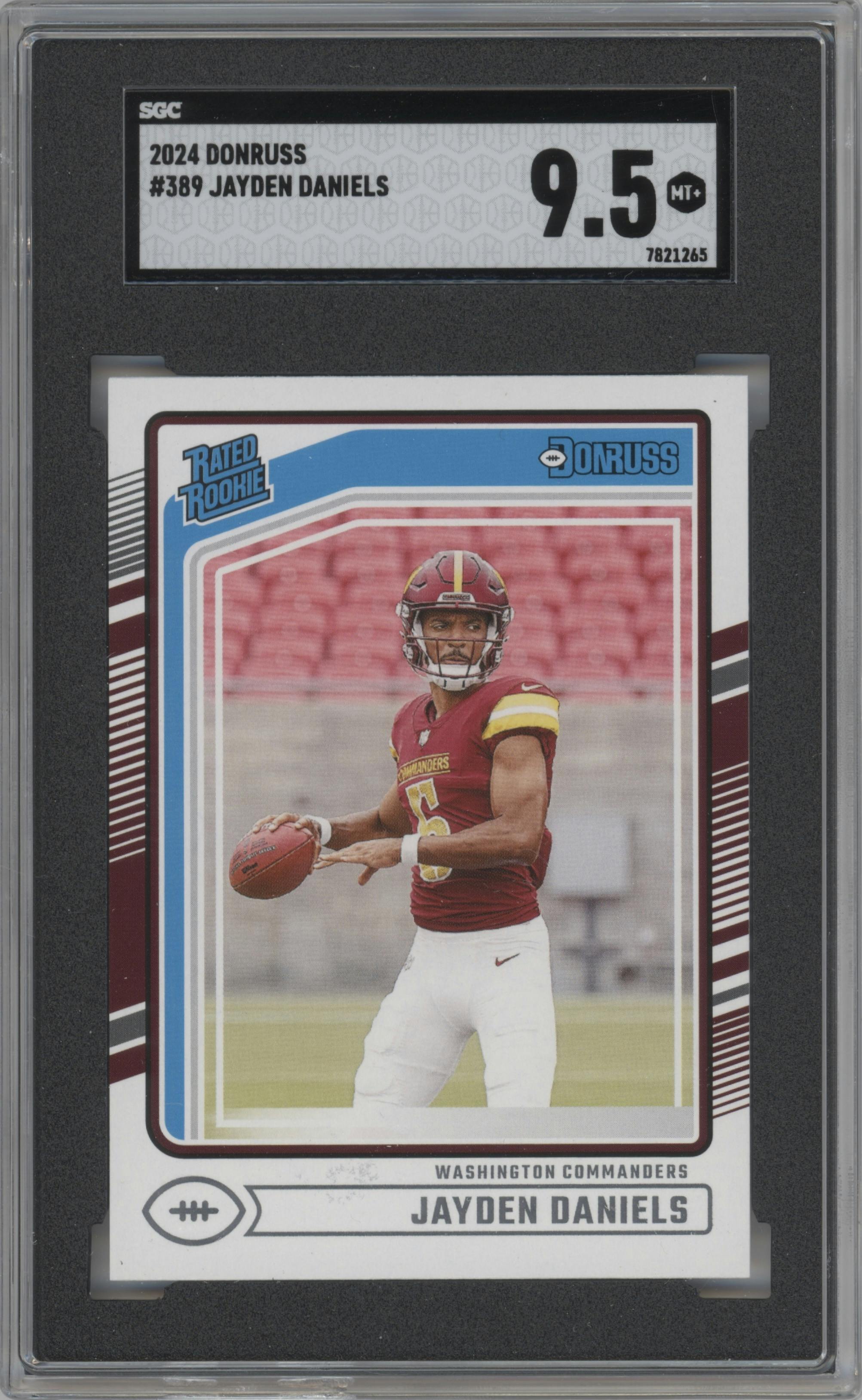 Jayden Daniels from the 2024 Donruss set graded by SGC and given an overall grade of 9.5.