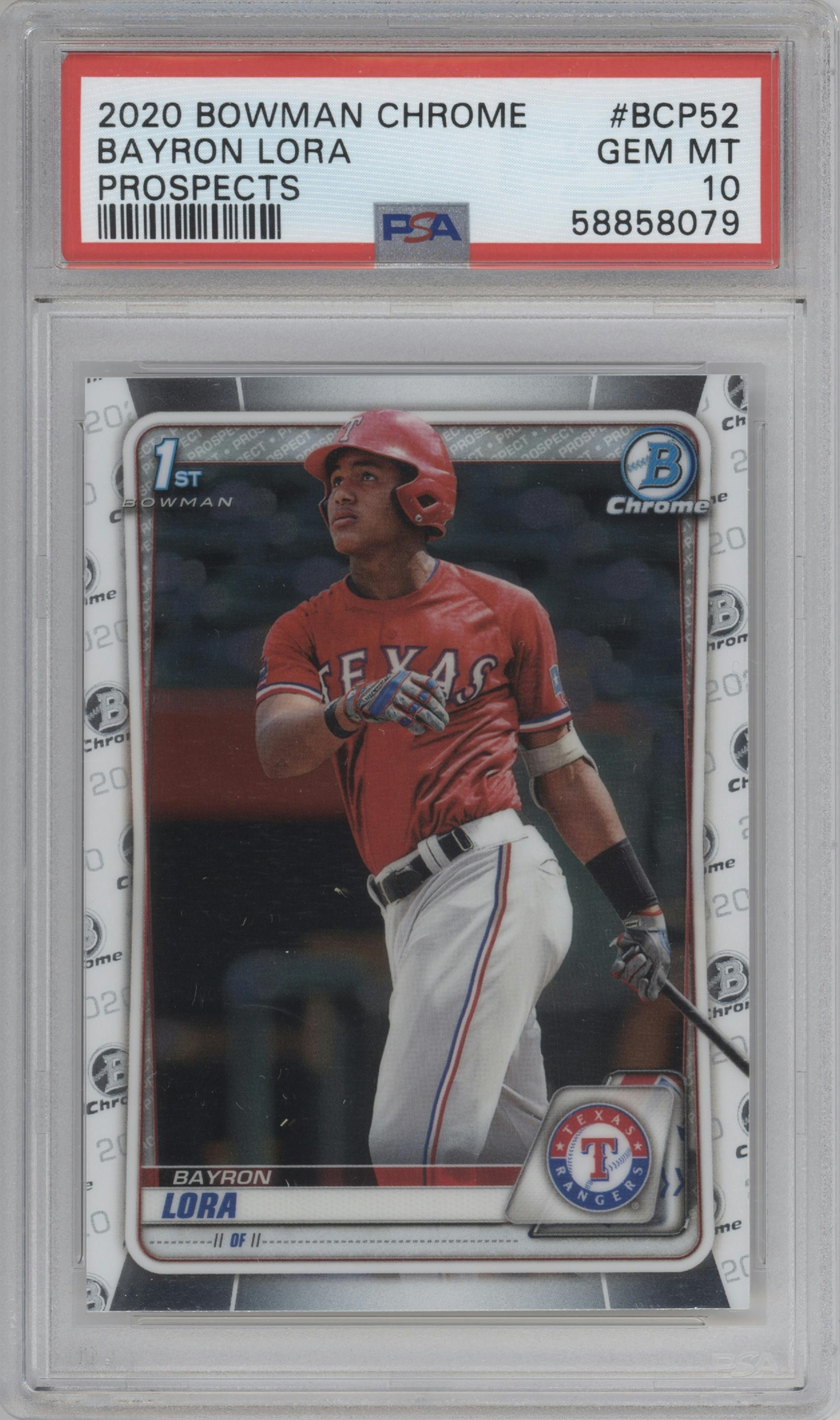 Bayron Lora from the 2020 Bowman set graded by PSA and given an overall grade of 10.