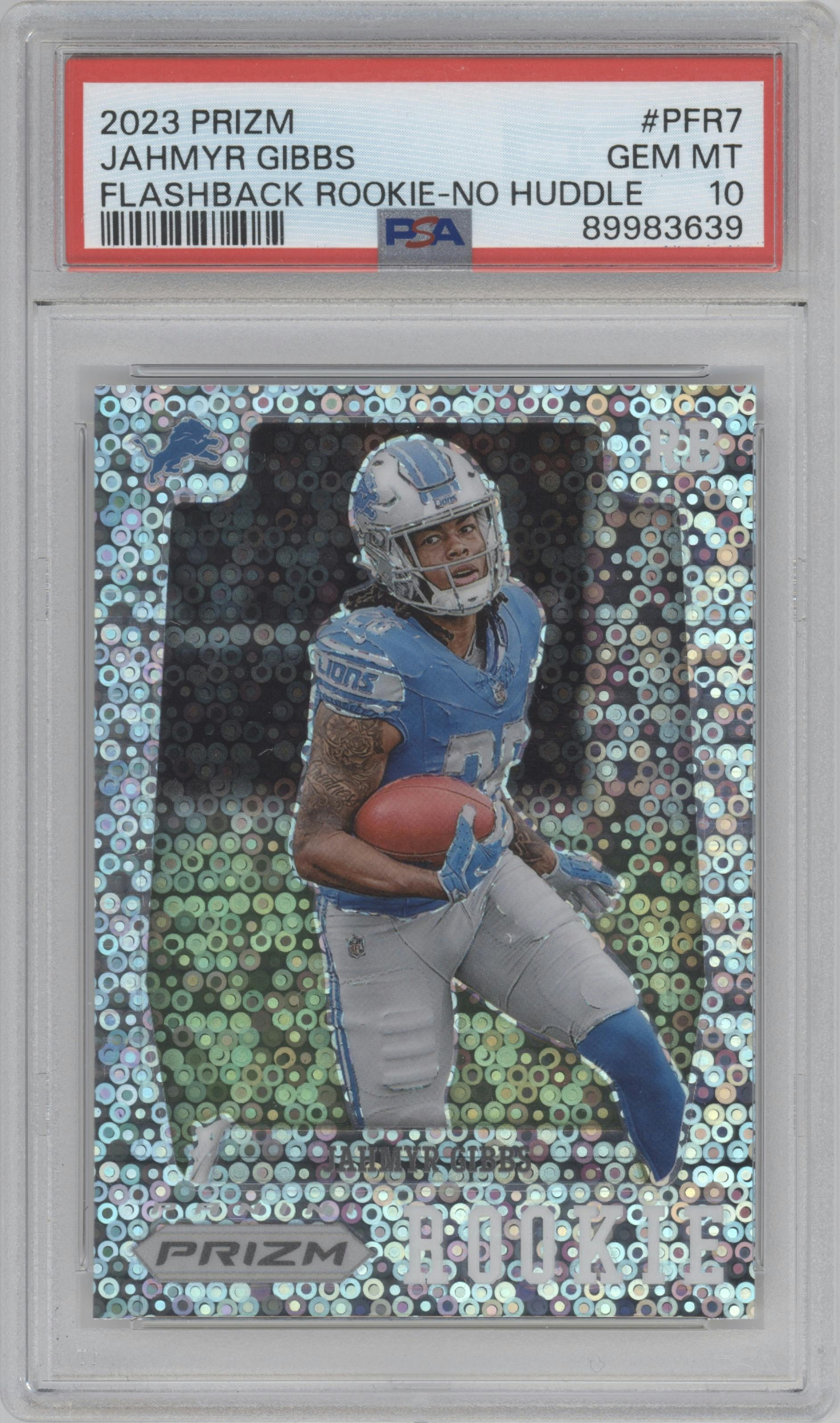 Jahmyr Gibbs from the 2023 Panini Prizm set featuring a No Huddle parallel graded by PSA and given an overall grade of 10.
