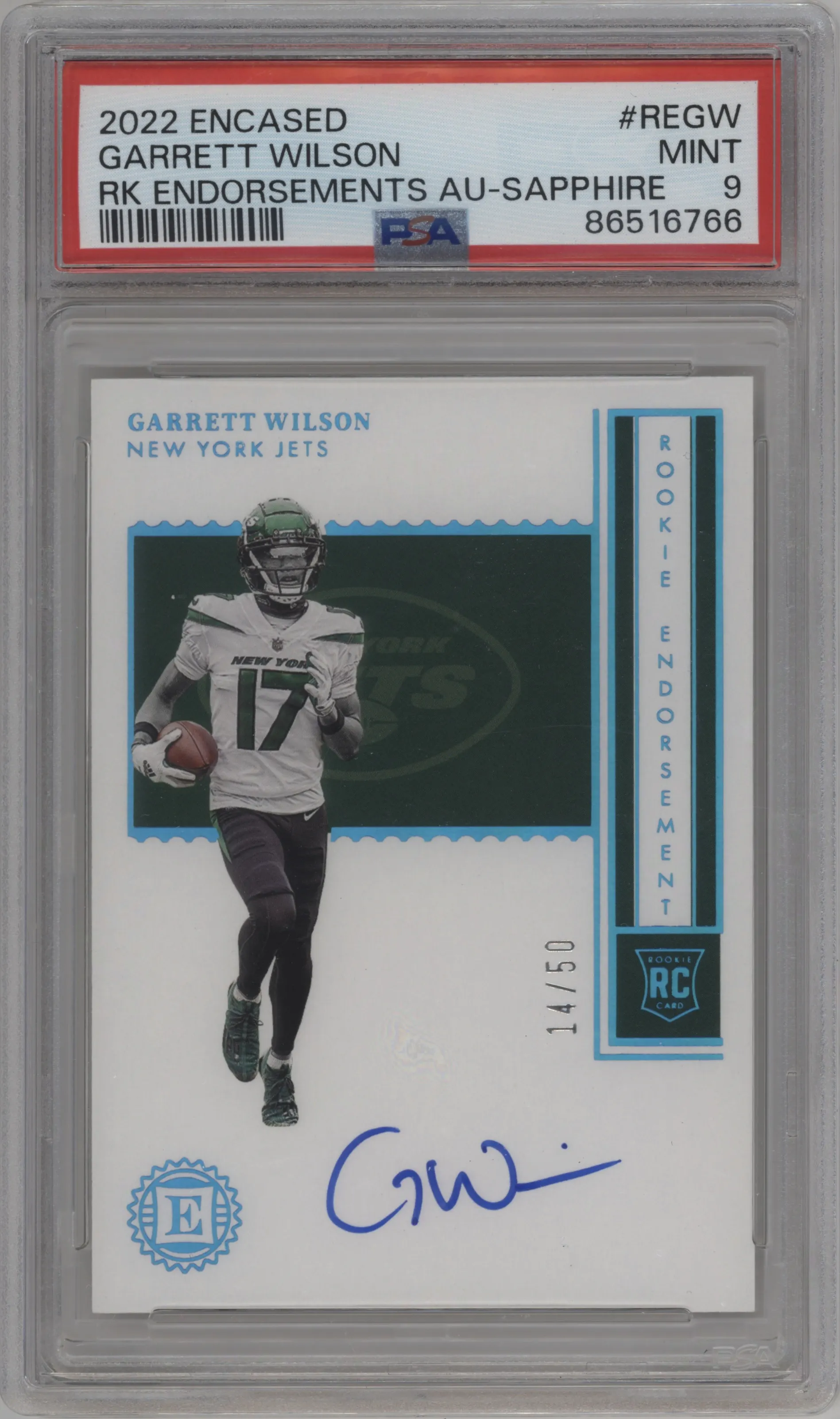 2022 Panini Encased Rke.Endorsement Garrett Wilson Sapphire PSA 9