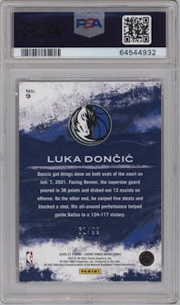 Luka Doncic from the 2020-21 Panini Court Kings set featuring a Amethyst parallel graded by PSA and given an overall grade of 10.