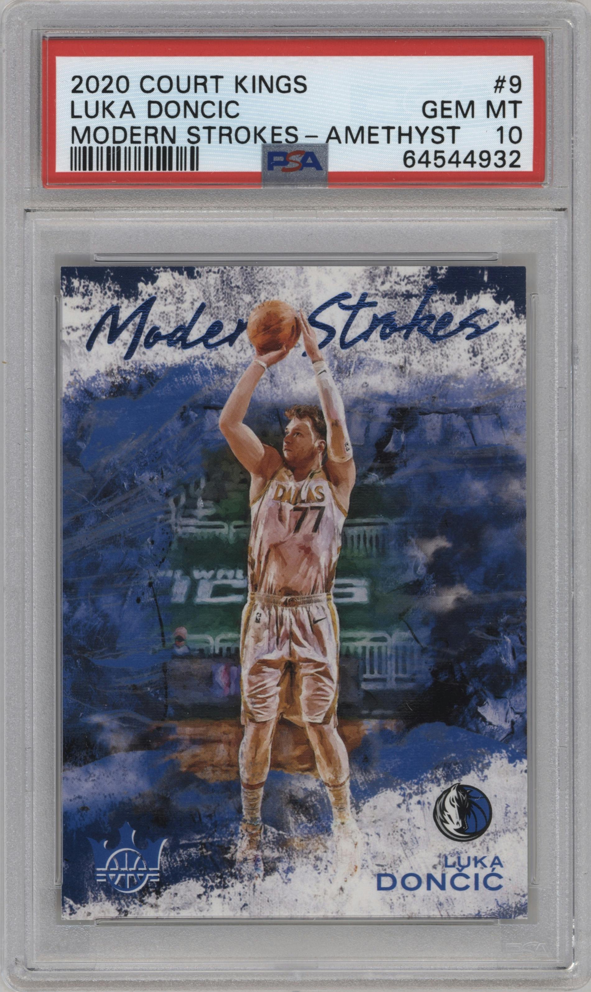 Luka Doncic from the 2020-21 Panini Court Kings set featuring a Amethyst parallel graded by PSA and given an overall grade of 10.