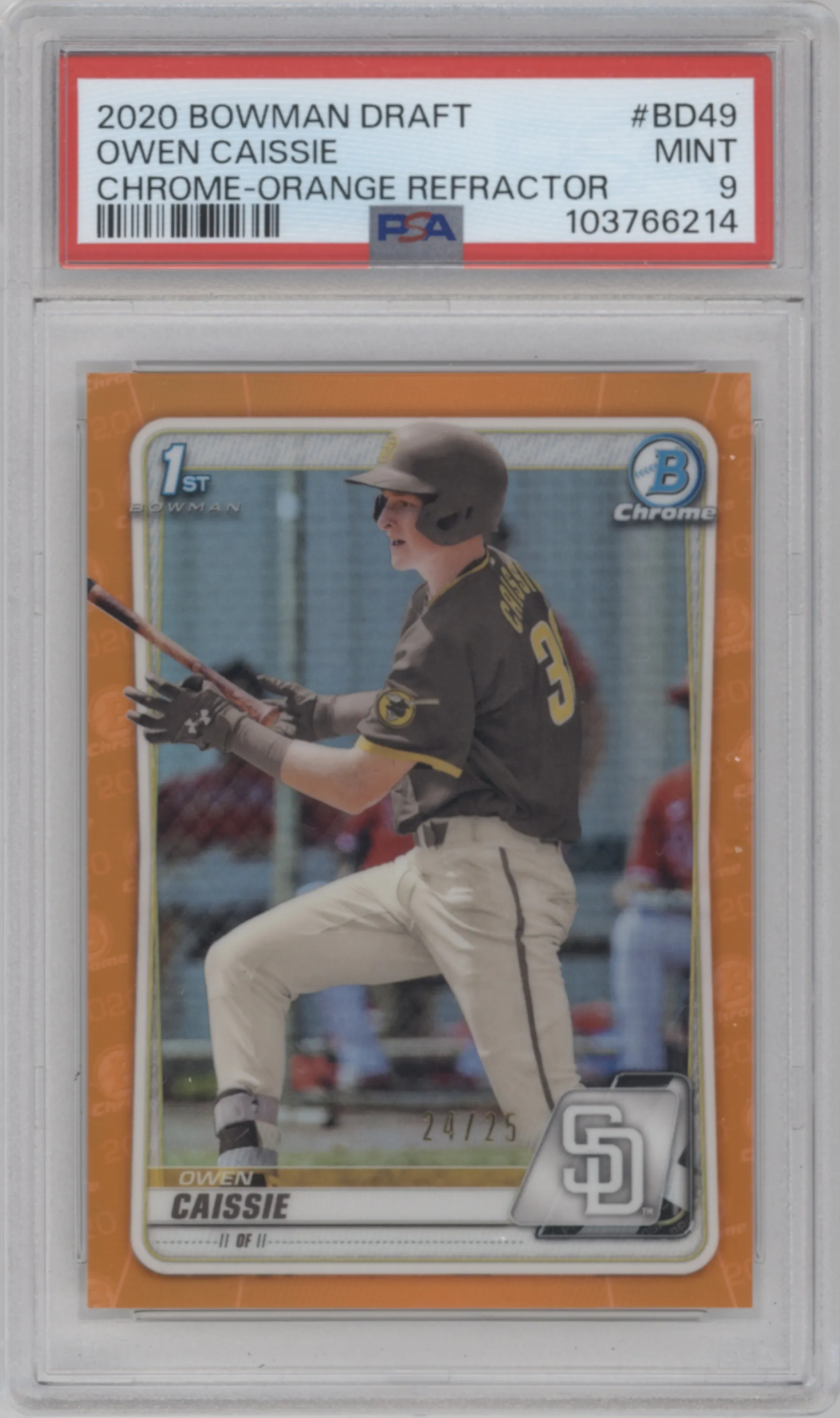 2020 Bowman Draft Chrome Owen Caissie Orange Refractor PSA 9