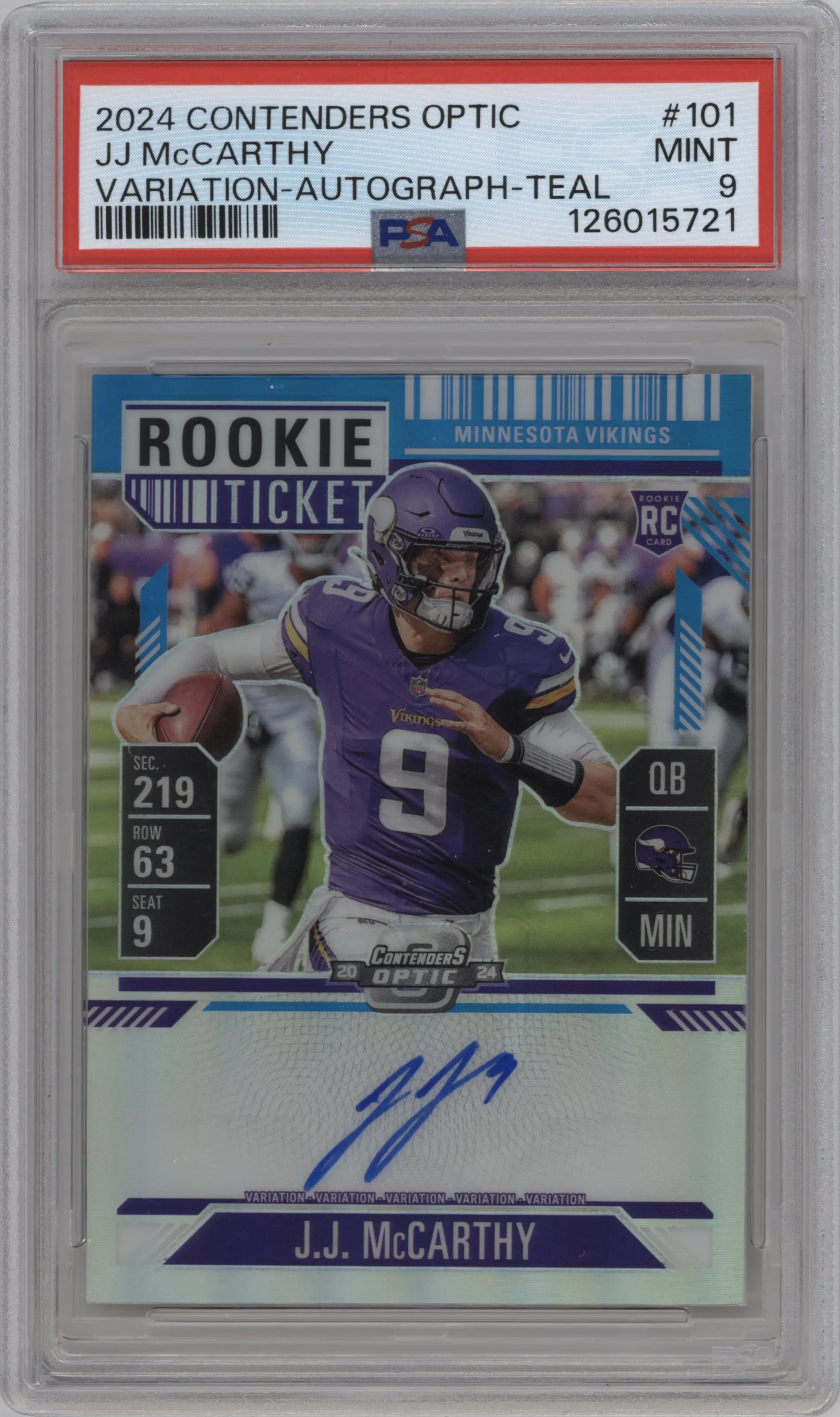 2024 Panini Contenders Optic Rke.Tkt.RPS Au.Var. J.J. McCarthy Teal PSA 9