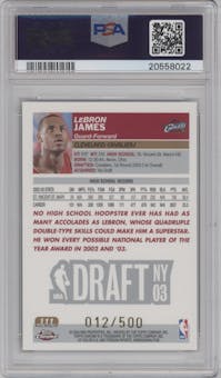 LeBron James from the 2003-04 Topps Chrome set featuring a Black Refractor parallel graded by PSA and given an overall grade of 9.