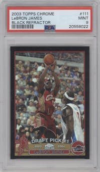 LeBron James from the 2003-04 Topps Chrome set featuring a Black Refractor parallel graded by PSA and given an overall grade of 9.