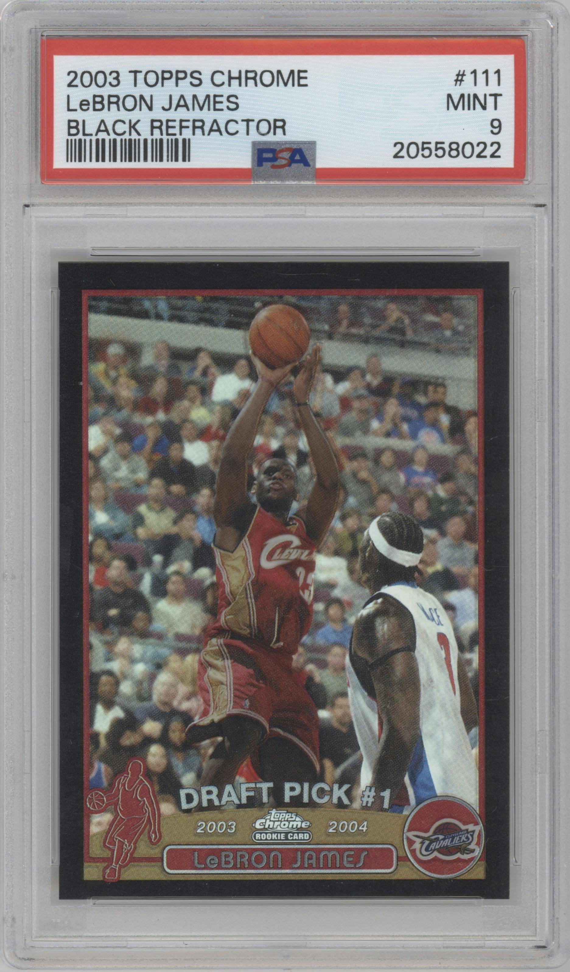 LeBron James from the 2003-04 Topps Chrome set featuring a Black Refractor parallel graded by PSA and given an overall grade of 9.