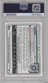 Julio Rodriguez from the 2020 Bowman Draft set featuring a Refractor parallel graded by PSA and given an overall grade of 10.