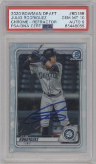 Julio Rodriguez from the 2020 Bowman Draft set featuring a Refractor parallel graded by PSA and given an overall grade of 10.