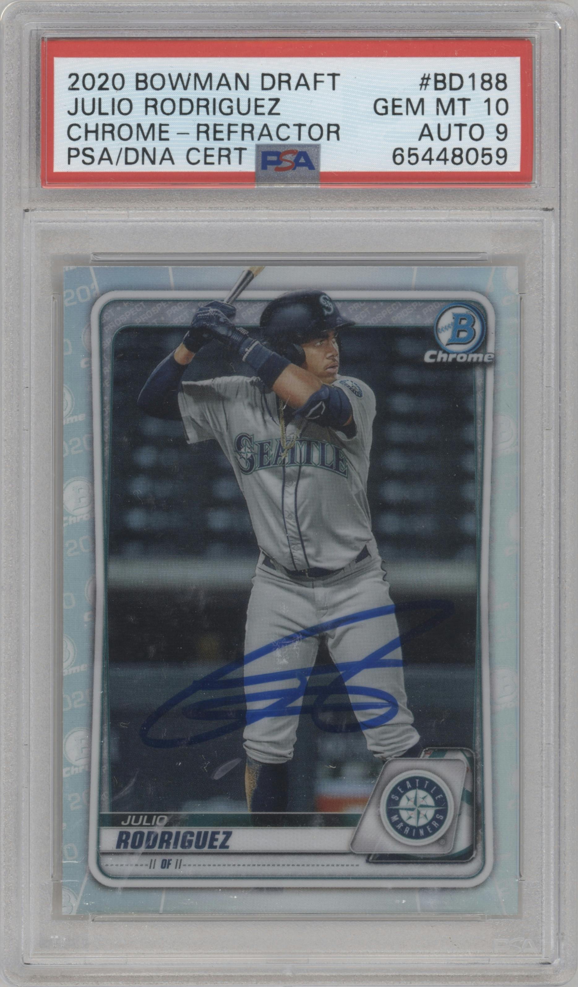 Julio Rodriguez from the 2020 Bowman Draft set featuring a Refractor parallel graded by PSA and given an overall grade of 10.