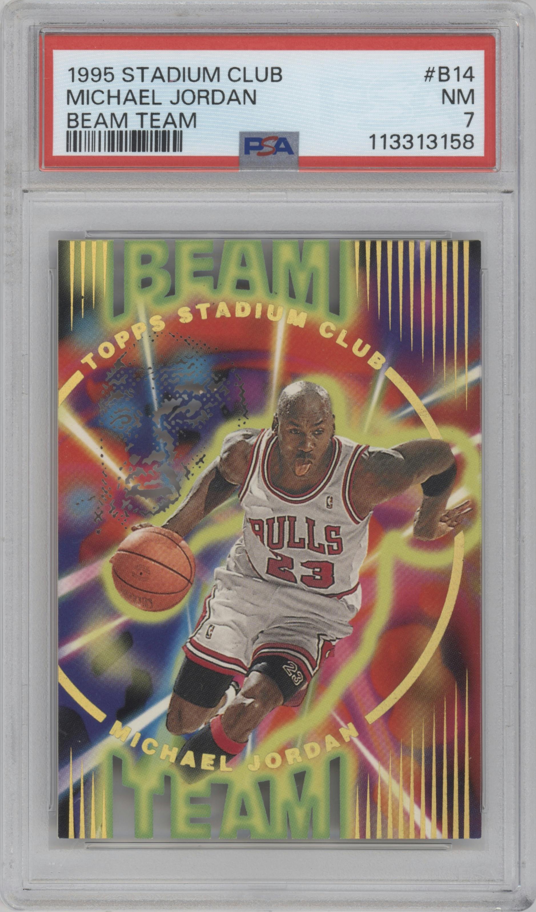 Michael Jordan from the 1995-96 Topps Stadium Club set graded by PSA and given an overall grade of 7.