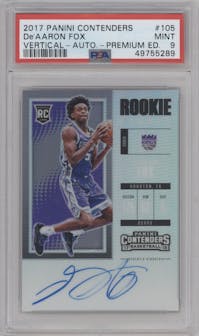De'Aaron Fox from the 2017-18 Panini Contenders set featuring a Ticket Premium Edition parallel graded by PSA and given an overall grade of 9.