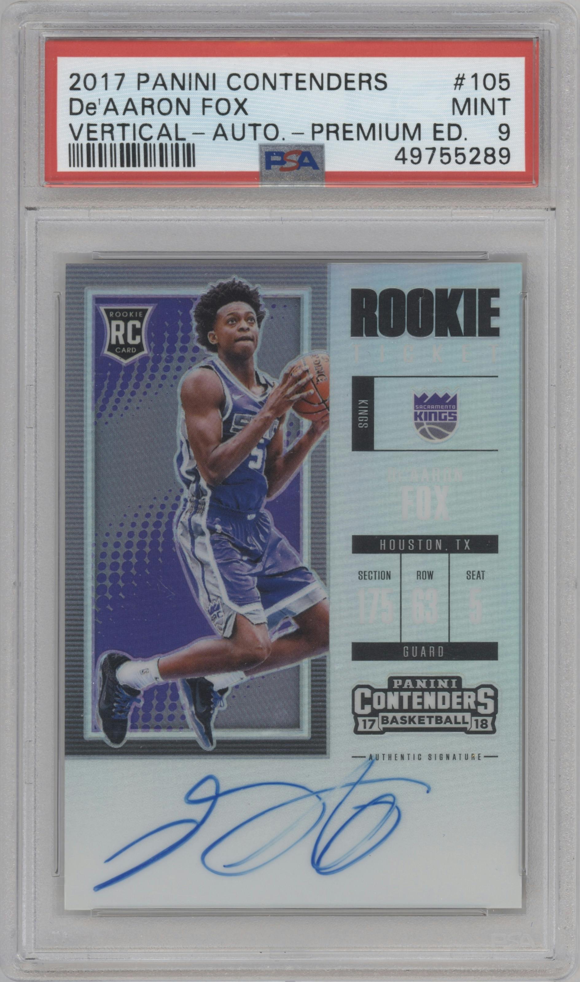 De'Aaron Fox from the 2017-18 Panini Contenders set featuring a Ticket Premium Edition parallel graded by PSA and given an overall grade of 9.
