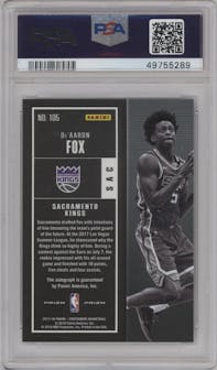 De'Aaron Fox from the 2017-18 Panini Contenders set featuring a Ticket Premium Edition parallel graded by PSA and given an overall grade of 9.