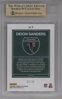 Deion Sanders from the 2024 Donruss Optic set featuring a Gold parallel graded by Beckett and given an overall grade of 9.5.