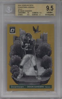 Deion Sanders from the 2024 Donruss Optic set featuring a Gold parallel graded by Beckett and given an overall grade of 9.5.