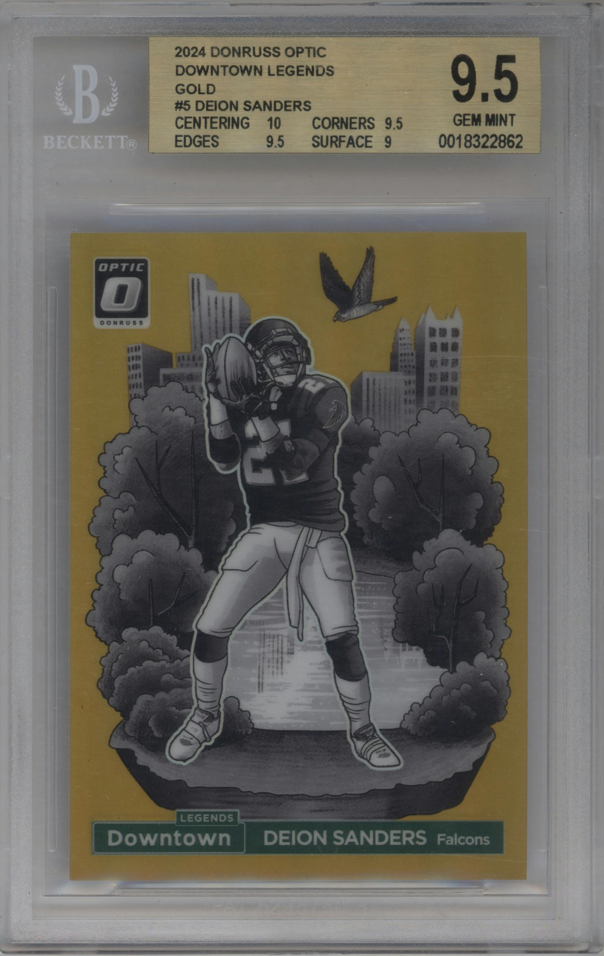 Deion Sanders from the 2024 Donruss Optic set featuring a Gold parallel graded by Beckett and given an overall grade of 9.5.