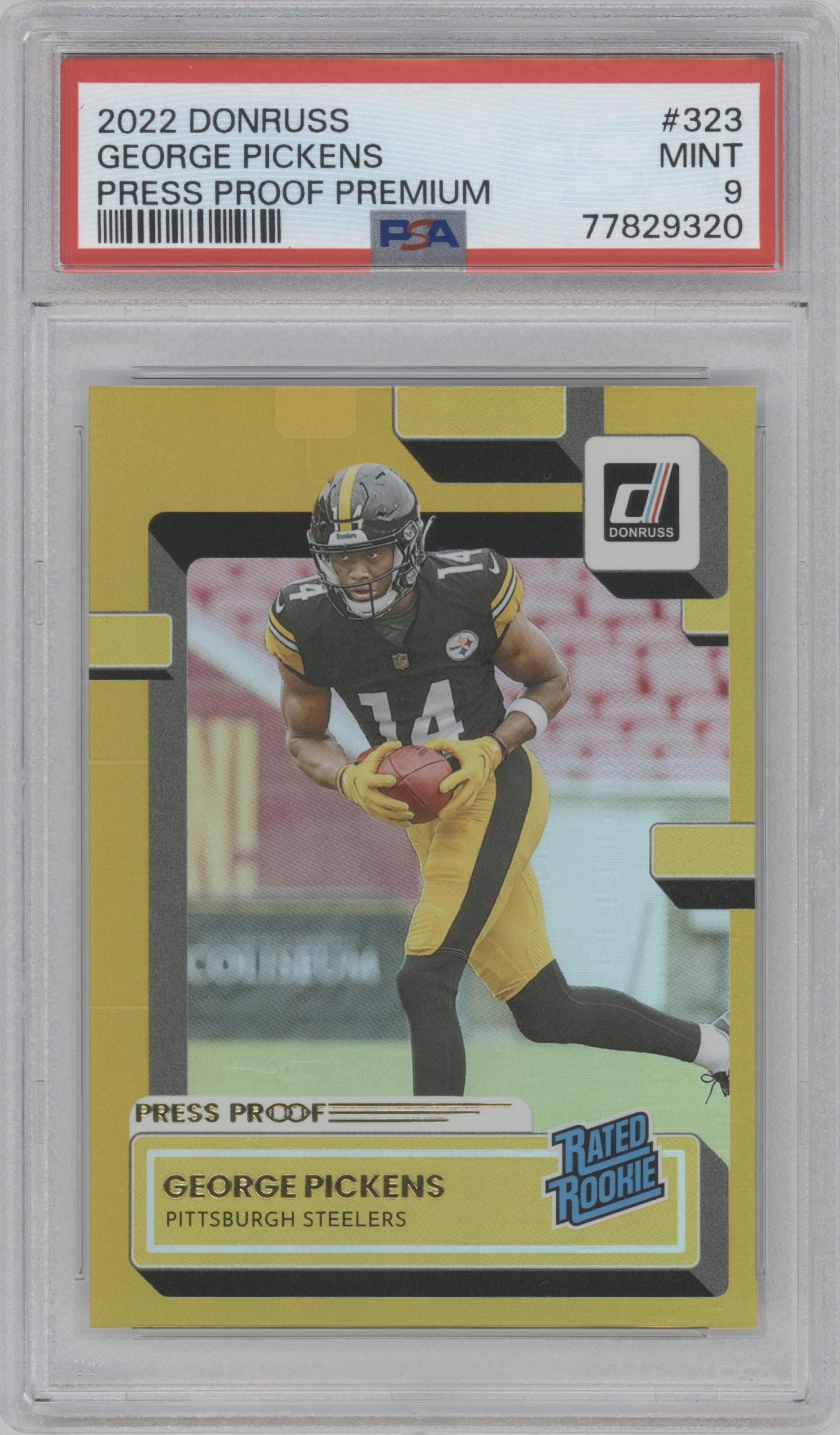George Pickens from the 2022 Panini Donruss set featuring a Press Proof Premium parallel graded by PSA and given an overall grade of 9.