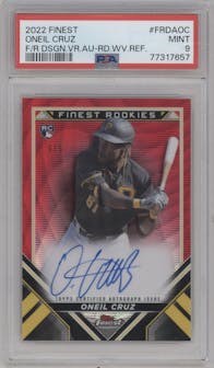 Oneil Cruz from the 2022 Topps Finest set featuring a Red Wave Refractor parallel graded by PSA and given an overall grade of 9.