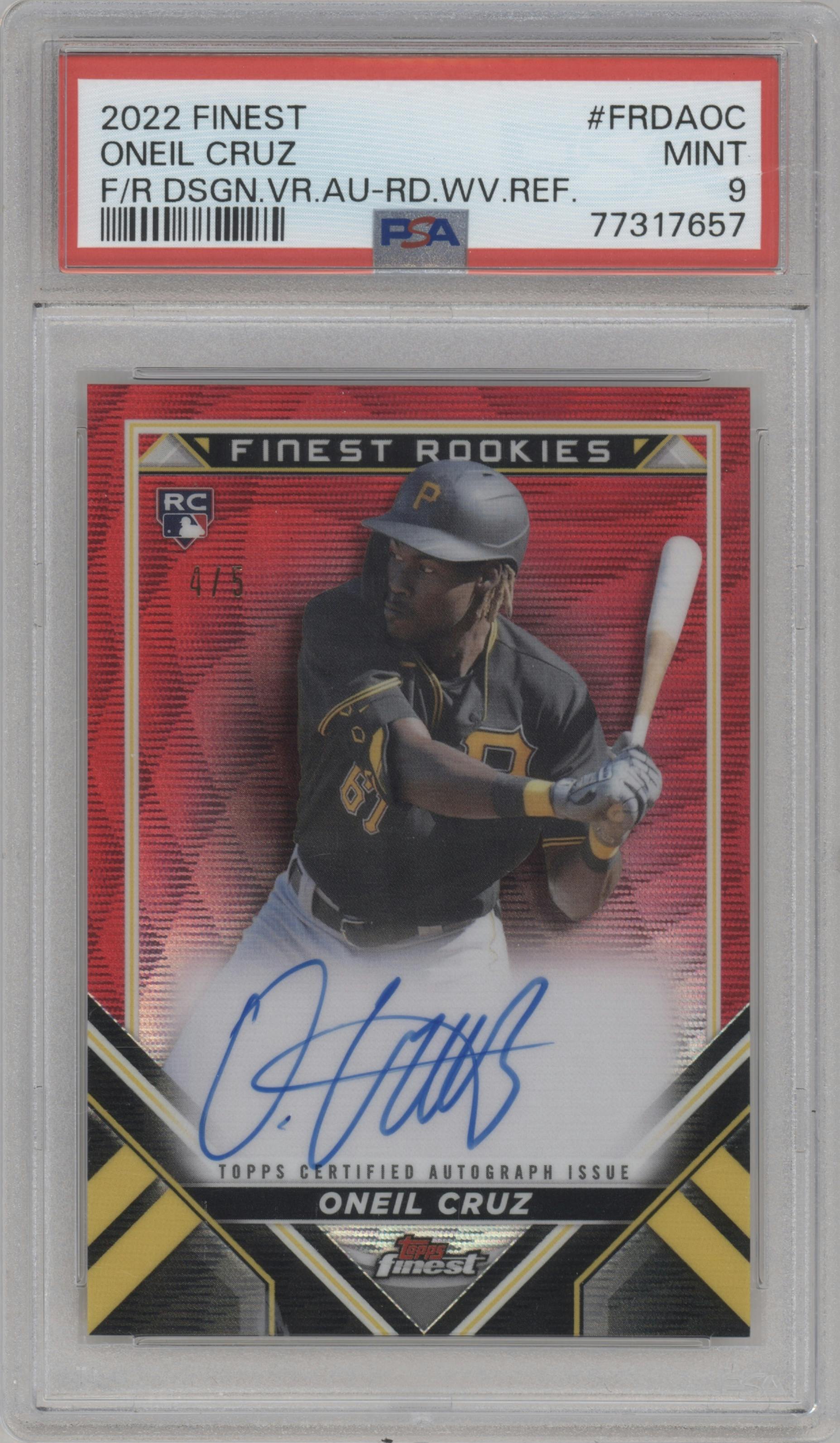 Oneil Cruz from the 2022 Topps Finest set featuring a Red Wave Refractor parallel graded by PSA and given an overall grade of 9.