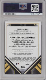 Oneil Cruz from the 2022 Topps Finest set featuring a Red Wave Refractor parallel graded by PSA and given an overall grade of 9.