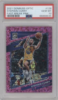 Stephen Curry from the 2021-22 Panini Donruss Optic set featuring a Fast Break Pink parallel graded by PSA and given an overall grade of 10.