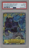 Bartholomew Kuma from the 2025 One Piece set featuring a Alternate Art parallel graded by PSA and given an overall grade of 10.