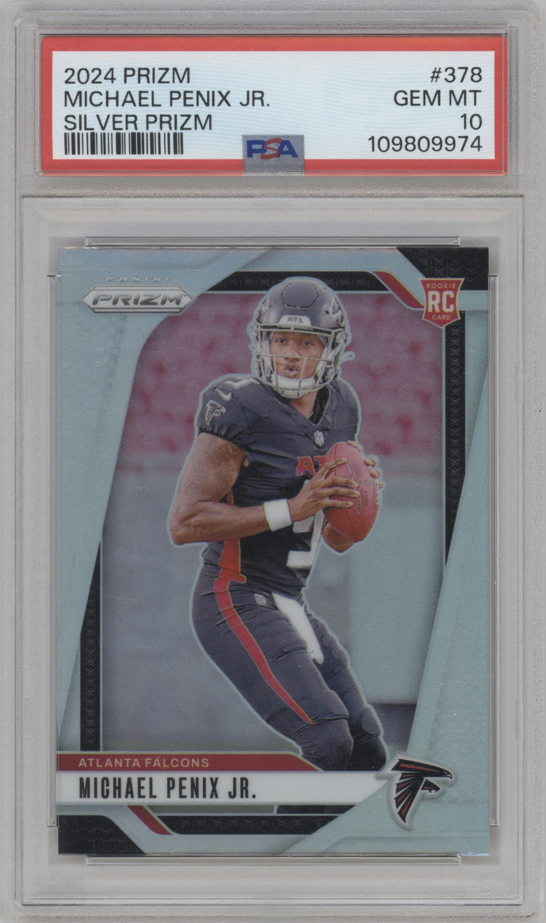 Michael Penix Jr. from the 2024 Panini Prizm set featuring a Silver Prizm parallel graded by PSA and given an overall grade of 10.