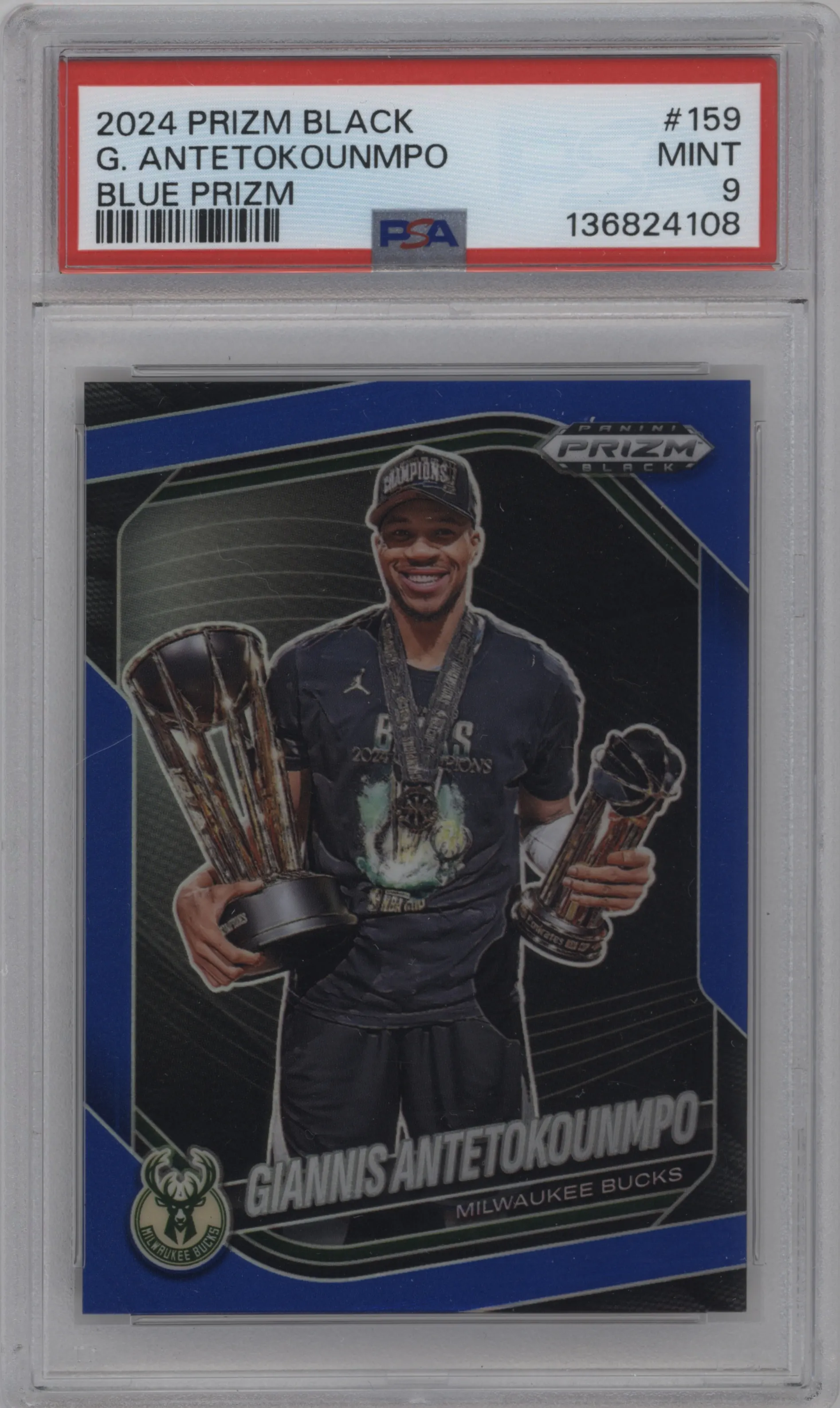 2024 Panini Prizm Black Giannis Antetokounmpo Blue Prizm #159 PSA 9